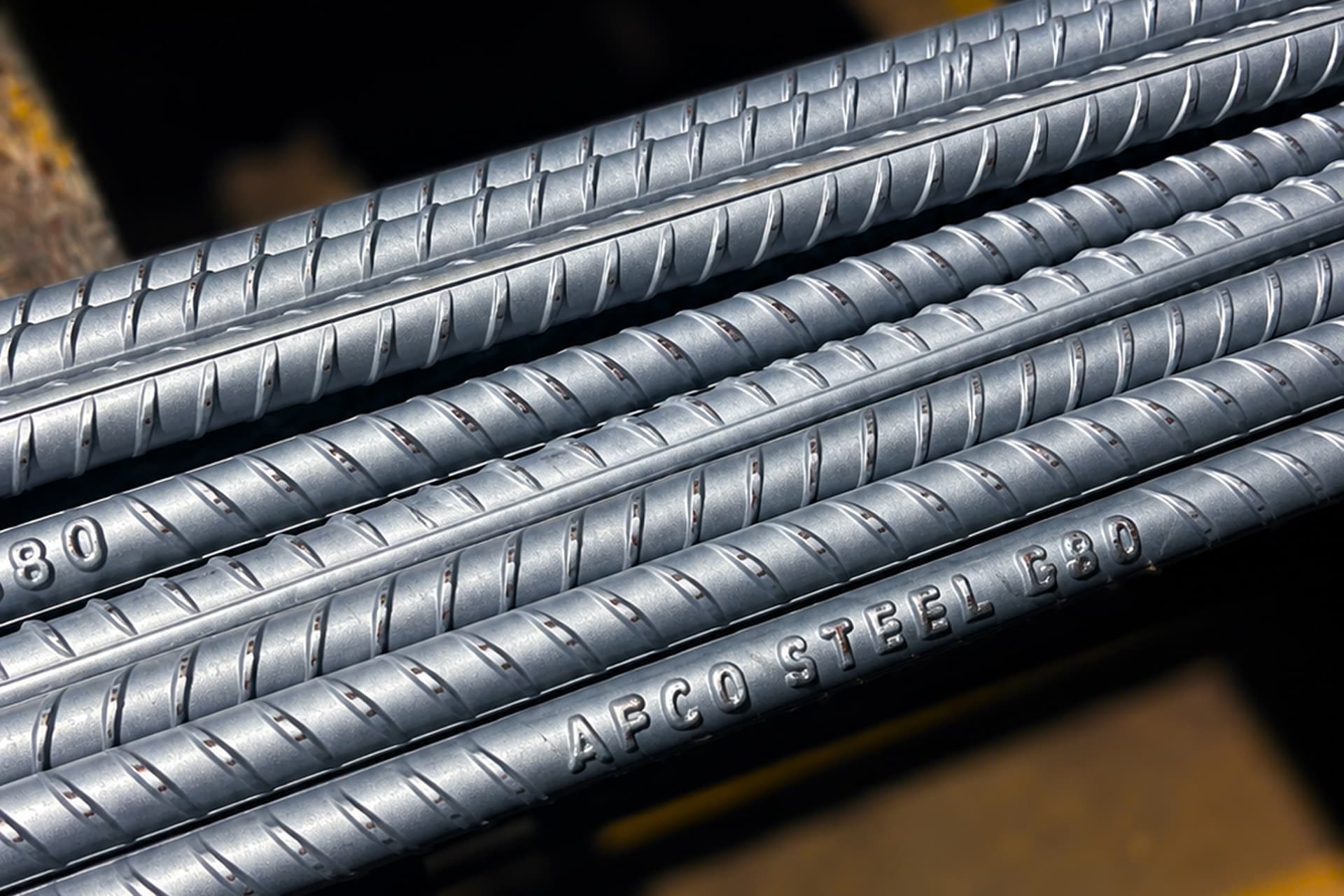 Close-up of AFCO Steel reinforcement bar